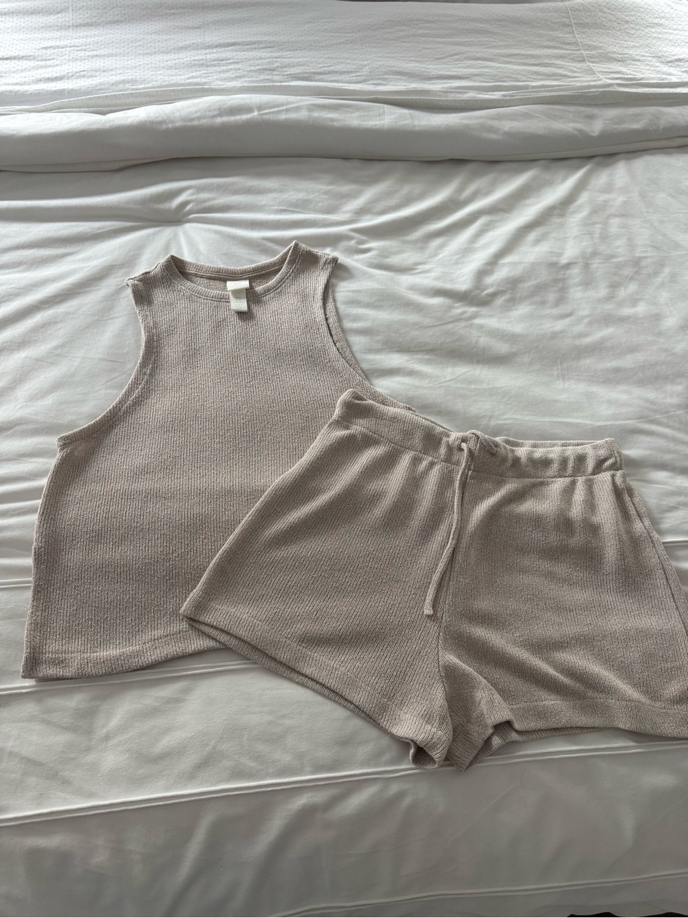 H&M Knit Sleeveless Tank & Drawstring Shorts Set - Light Beige